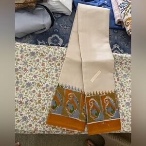 Creme with Orange, Green, Blue, and Brown Patterned Embroidery 40 Gram Silk